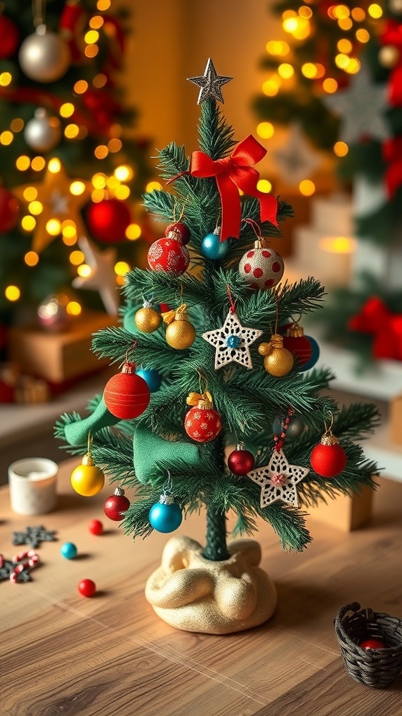 A mini Christmas tree with colorful felt ornaments and ribbons, creating a festive holiday display.